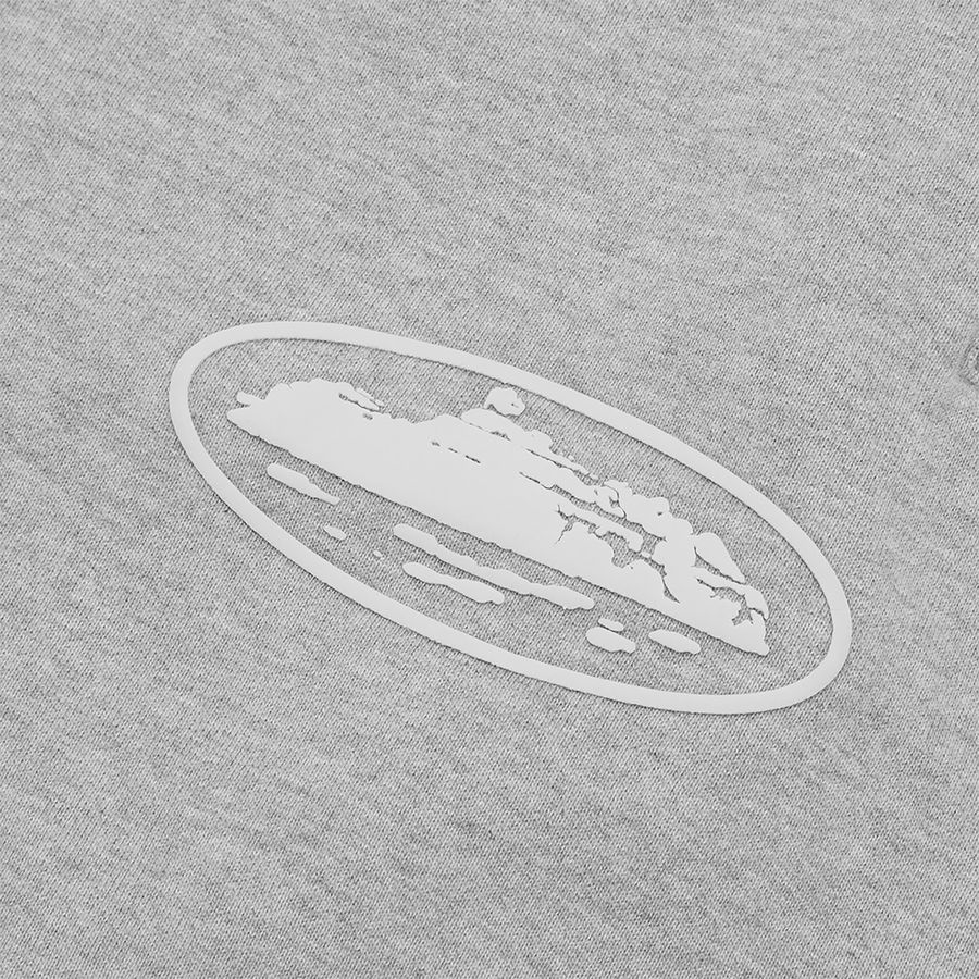 Corteiz Island – Hose mit Puff-Print und offenem Saum in Heather Grey