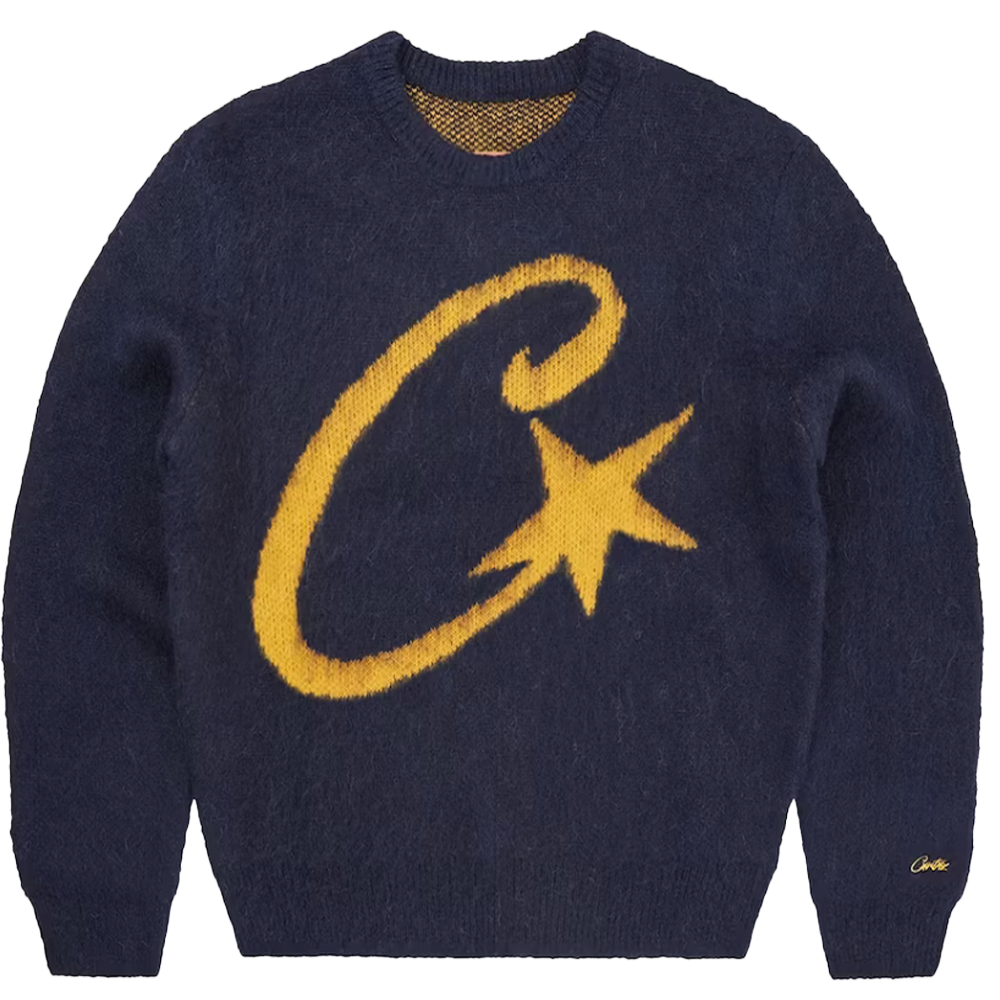Corteiz C Star Mohair-Strickpullover, Marineblau
