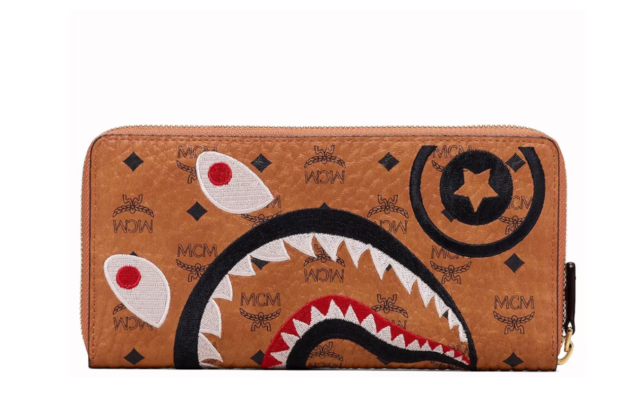MCM x BAPE Shark Zip Around Wallet Visetos Large Cognac