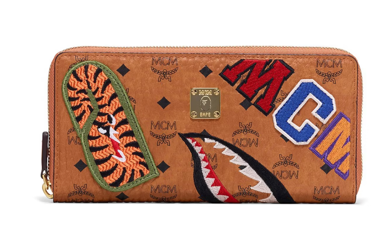 MCM x BAPE Shark Zip Around Wallet Visetos Large Cognac
