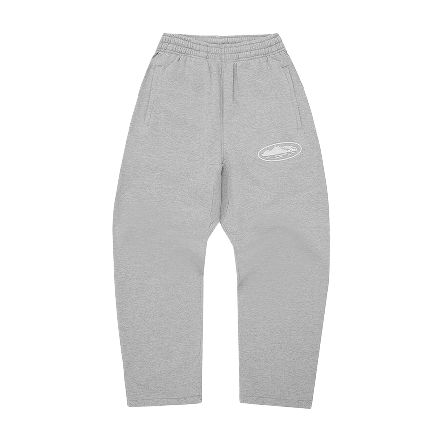 Corteiz Island – Hose mit Puff-Print und offenem Saum in Heather Grey