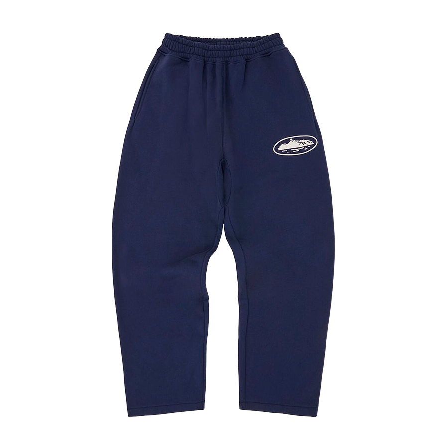 Corteiz Island – Jogginghose mit Puff-Print und offenem Saum in Marineblau