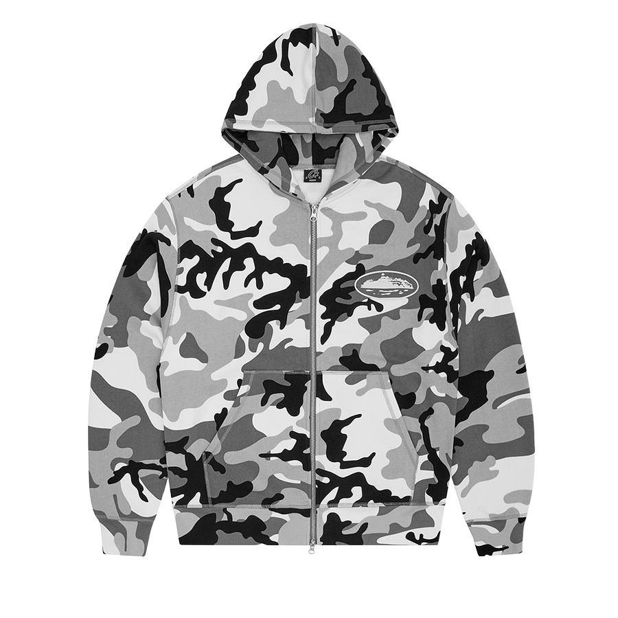 Corteiz Island – Kapuzenjacke mit Puff-Print und Reißverschluss in Arktis-Tarnmuster