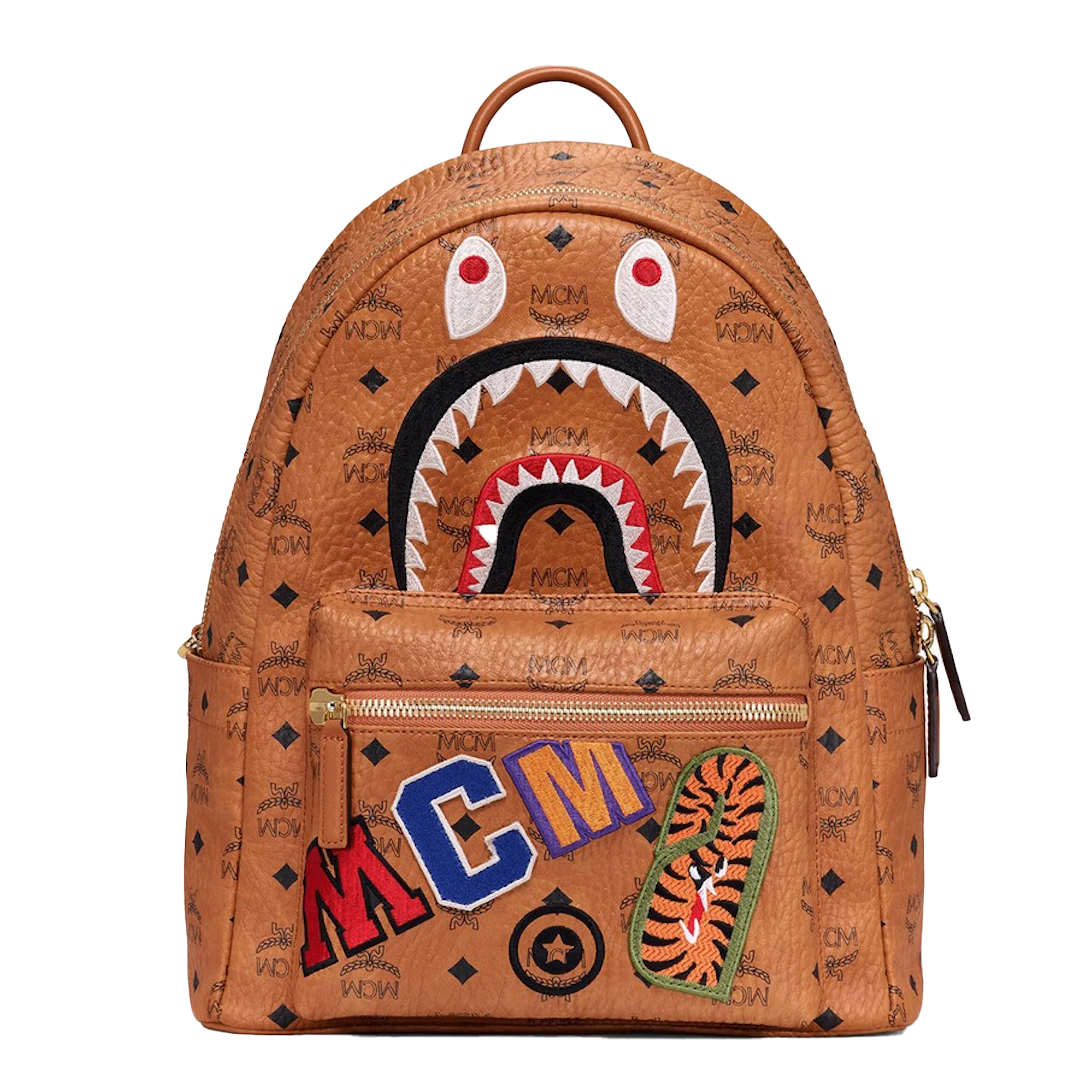 MCM x BAPE Shark Stark Backpack Visetos Cognac