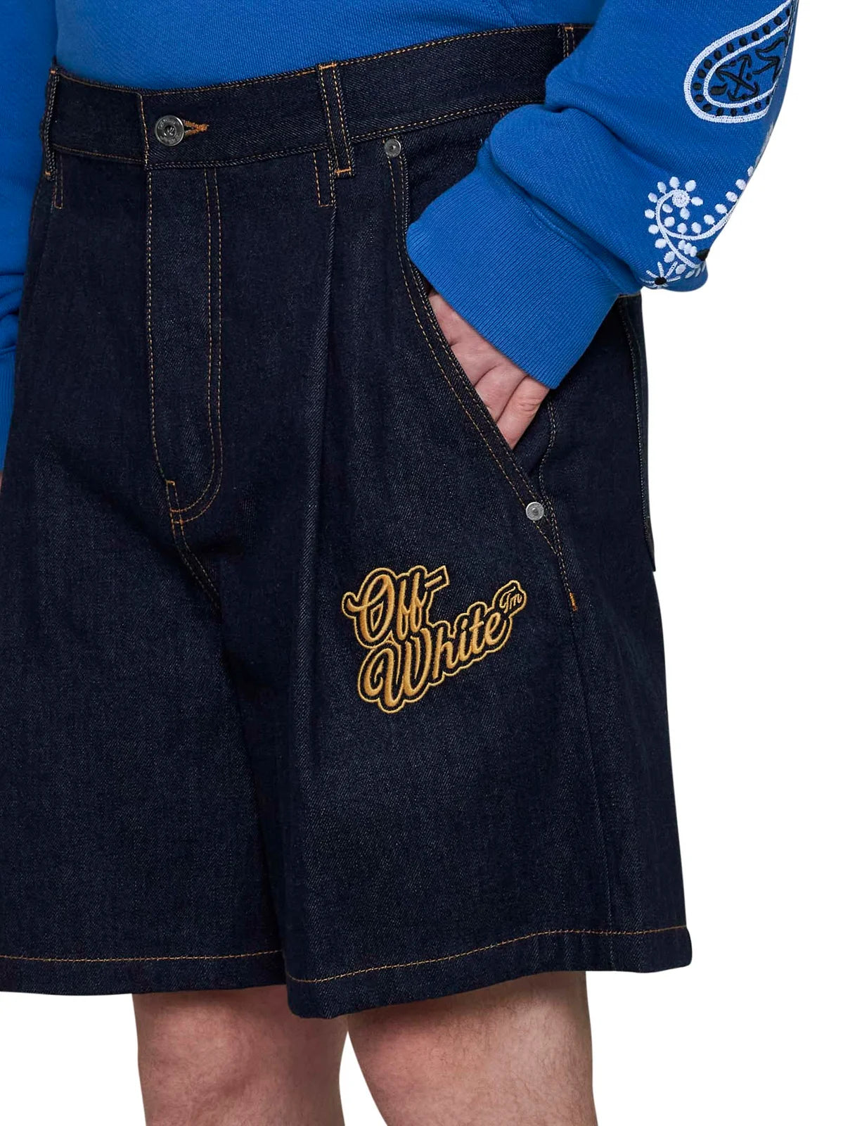 Off-White 90s Logo Denim Shorts Blue Gold