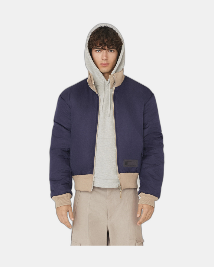 Carrer Oms Reversible Bomber Jacket in Beige and Blue