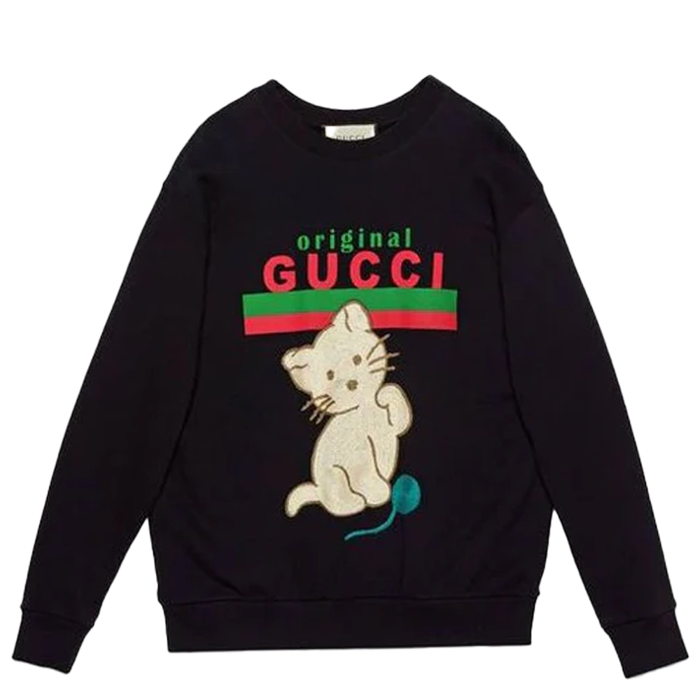 Gucci Cat Logo Printing Pullover Black Crewneck
